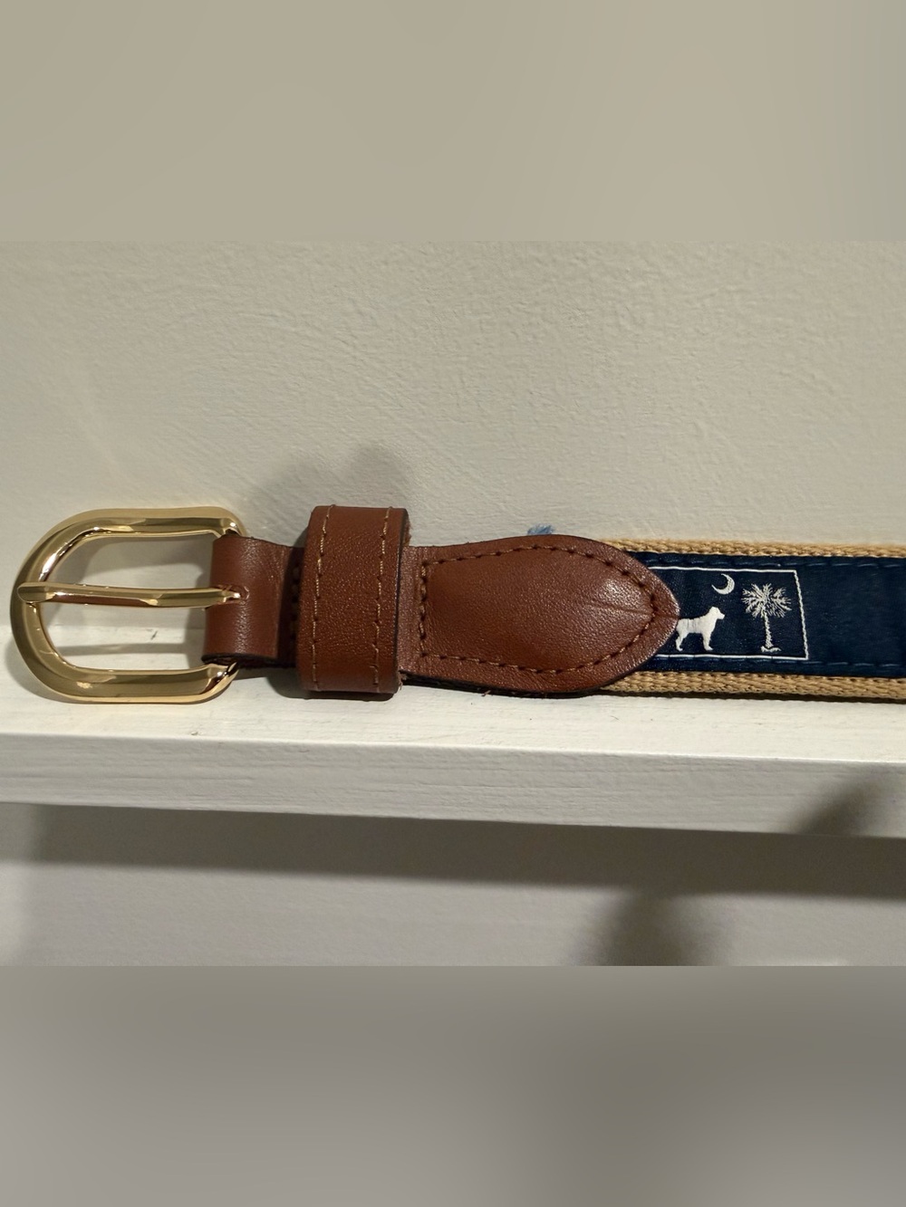 Brown Leather-Trim Navy Embroidered Men’s Belt with Gold Buckle